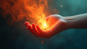 A glowing, translucent hand gently extinguishing a small flame amid a transition from chaotic red and orange swirls to calm blue and green gradients, symbolizing conflict resolution and harmony restoration