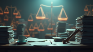 A neglected complaint file on a desk transforming into towering, glowing legal documents in the background, symbolizing escalating legal disputes. The scene includes detailed foreground items like papers, pens, and a coffee cup, with surreal justice symbols in the background.