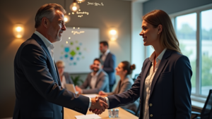 A business leader shaking hands with an employee in a warm office setting, symbolizing resolution, with holographic words like 'Trust,' 'Empathy,' and 'Resolution' floating around and team members collaborating in the background.