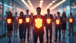 A diverse group of employees standing together in unity, holding glowing shields that symbolize a safe environment for reporting complaints. The soft, glowing background represents openness and transparency.